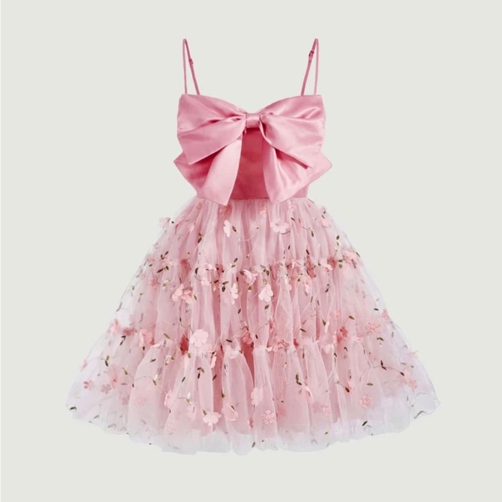 SHEIN MOD Floral Embroidery Bow Front Ruffle Hem Mesh Cami Dress